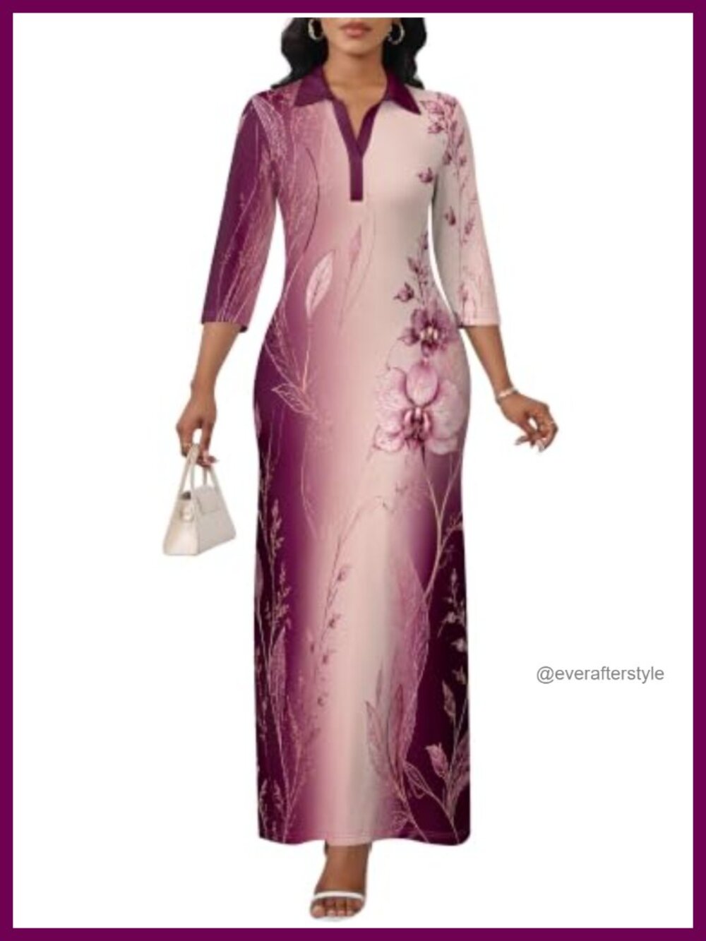 Straight Fit Maxi Dress 3/4 Sleeve Polo Collar Casual